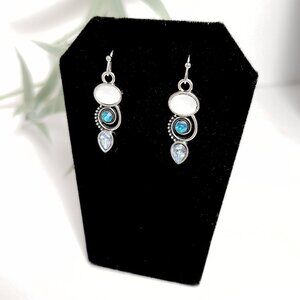 Silver Tone Drop Earrings with White, Aqua & Teal Stones